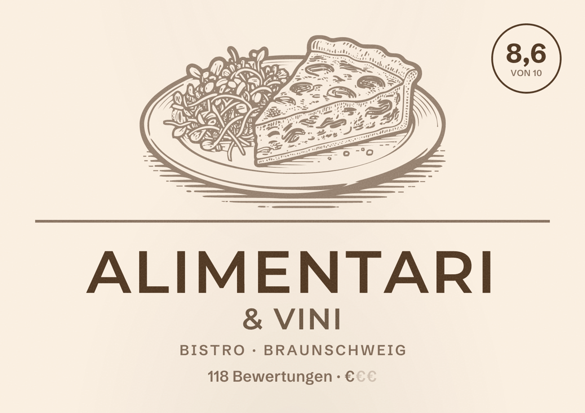 Illustriertes Poster von Alimentari & Vini, Bistro in Braunschweig: Bewertung 8,6 von 10 aus 118 Bewertungen, Preisniveau €