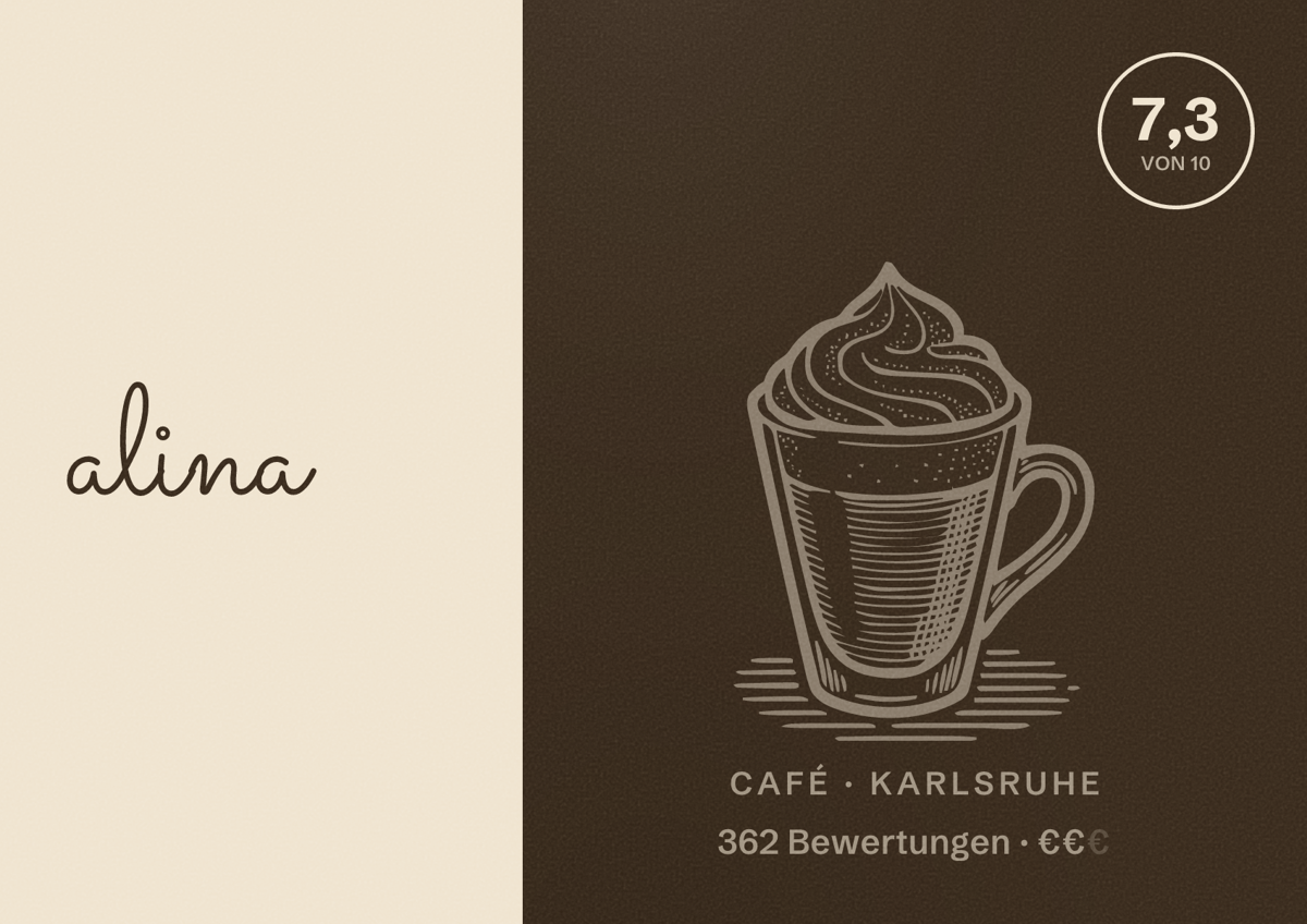 Illustriertes Poster von alina, Café in Karlsruhe: Bewertung 7,3 von 10 aus 362 Bewertungen, Preisniveau €€