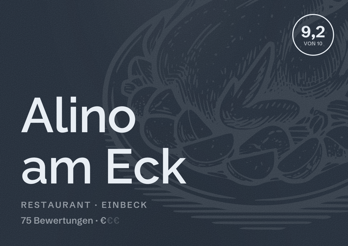 Illustriertes Poster von Alino am Eck, Restaurant in Einbeck: Bewertung 9,2 von 10 aus 75 Bewertungen, Preisniveau €
