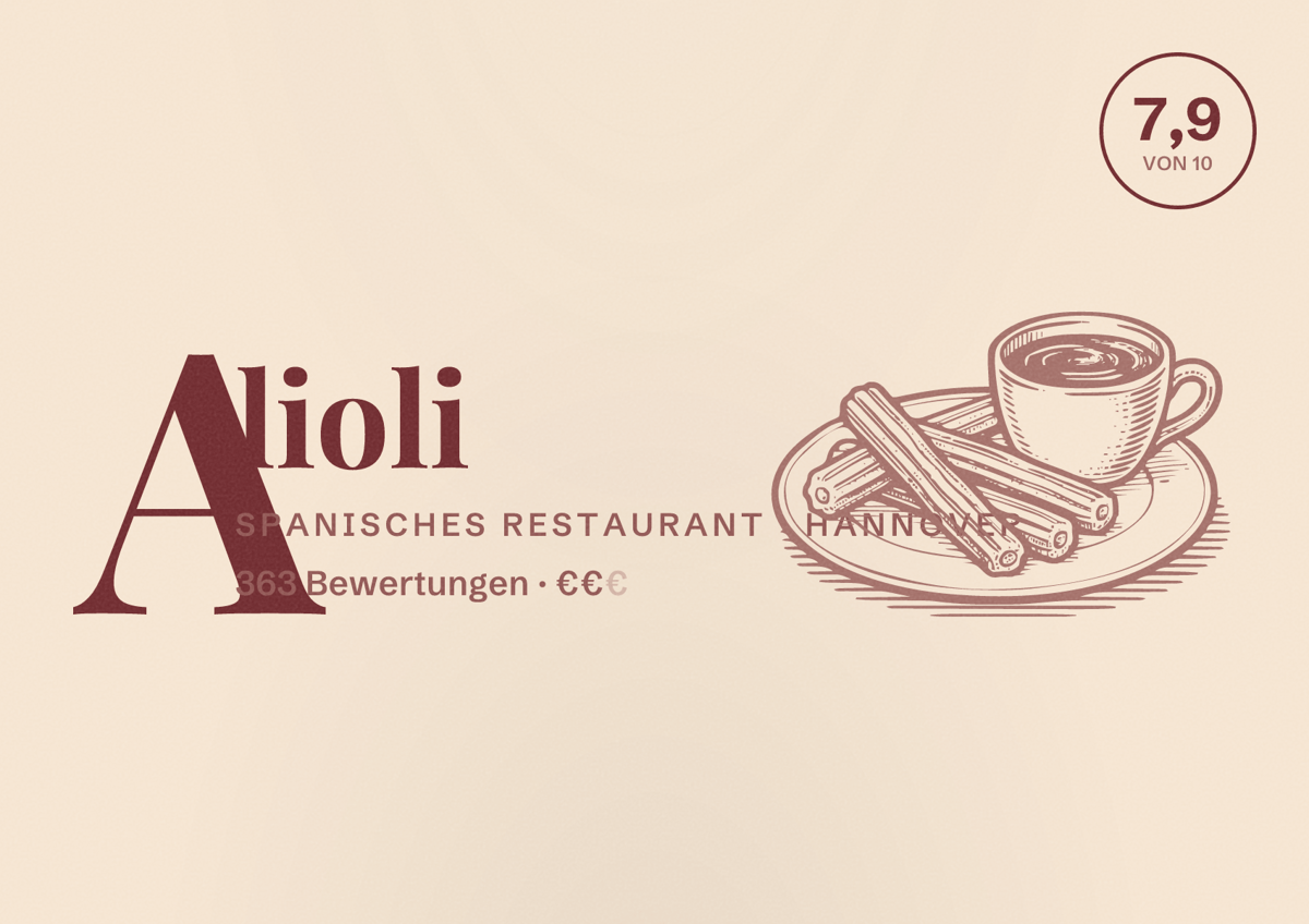 Illustriertes Poster von Alioli, Spanisches Restaurant in Hannover: Bewertung 7,9 von 10 aus 363 Bewertungen, Preisniveau €€
