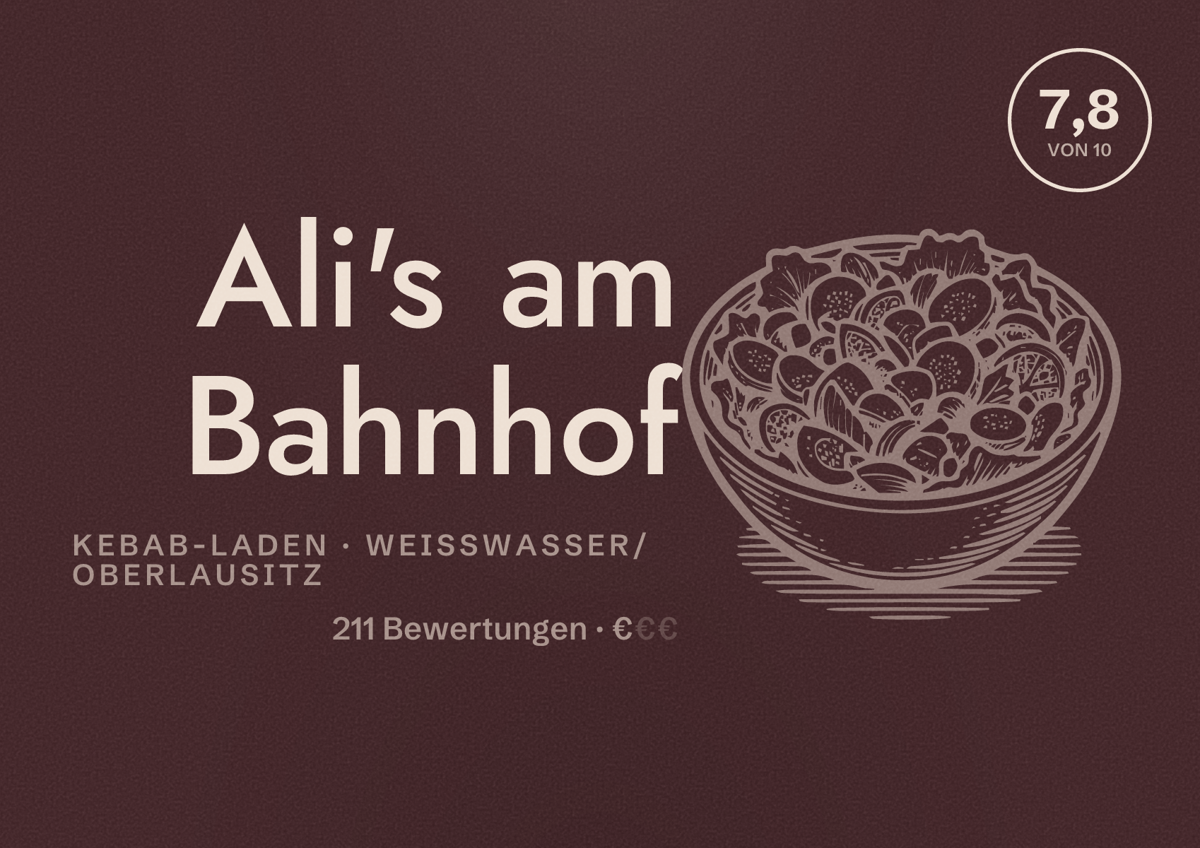 Illustriertes Poster von Ali's am Bahnhof, Kebab-Laden in Weißwasser/Oberlausitz: Bewertung 7,8 von 10 aus 211 Bewertungen, Preisniveau €