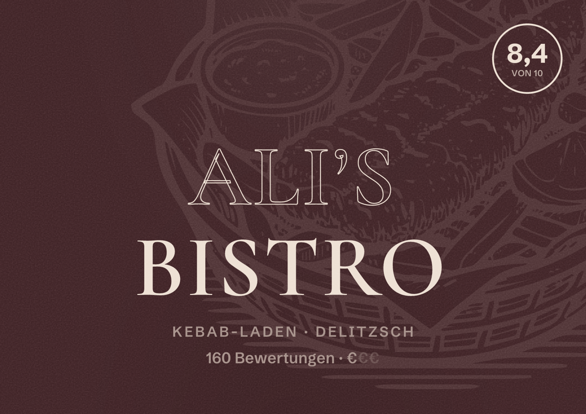 Illustriertes Poster von Ali’s Bistro, Kebab-Laden in Delitzsch: Bewertung 8,4 von 10 aus 160 Bewertungen, Preisniveau €