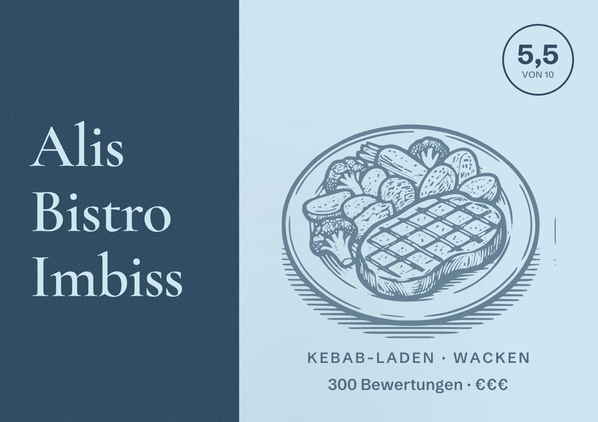 Illustriertes Poster von Alis Bistro Imbiss, Kebab-Laden in Wacken: Bewertung 5,5 von 10 aus 300 Bewertungen, Preisniveau €€€
