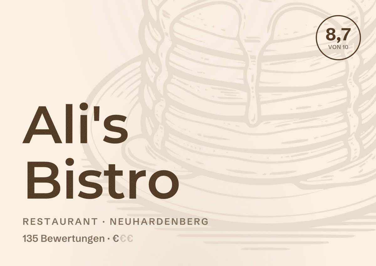 Illustriertes Poster von Ali's Bistro, Restaurant in Neuhardenberg: Bewertung 8,7 von 10 aus 135 Bewertungen, Preisniveau €