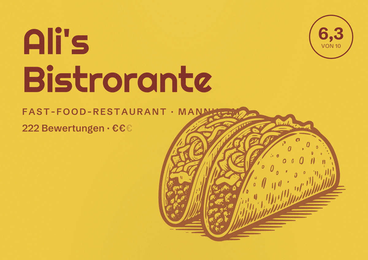Illustriertes Poster von Ali's Bistrorante, Fast-Food-Restaurant in Mannheim: Bewertung 6,3 von 10 aus 222 Bewertungen, Preisniveau €€