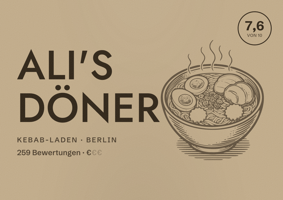 Illustriertes Poster von Ali's Döner, Kebab-Laden in Berlin: Bewertung 7,6 von 10 aus 259 Bewertungen, Preisniveau €