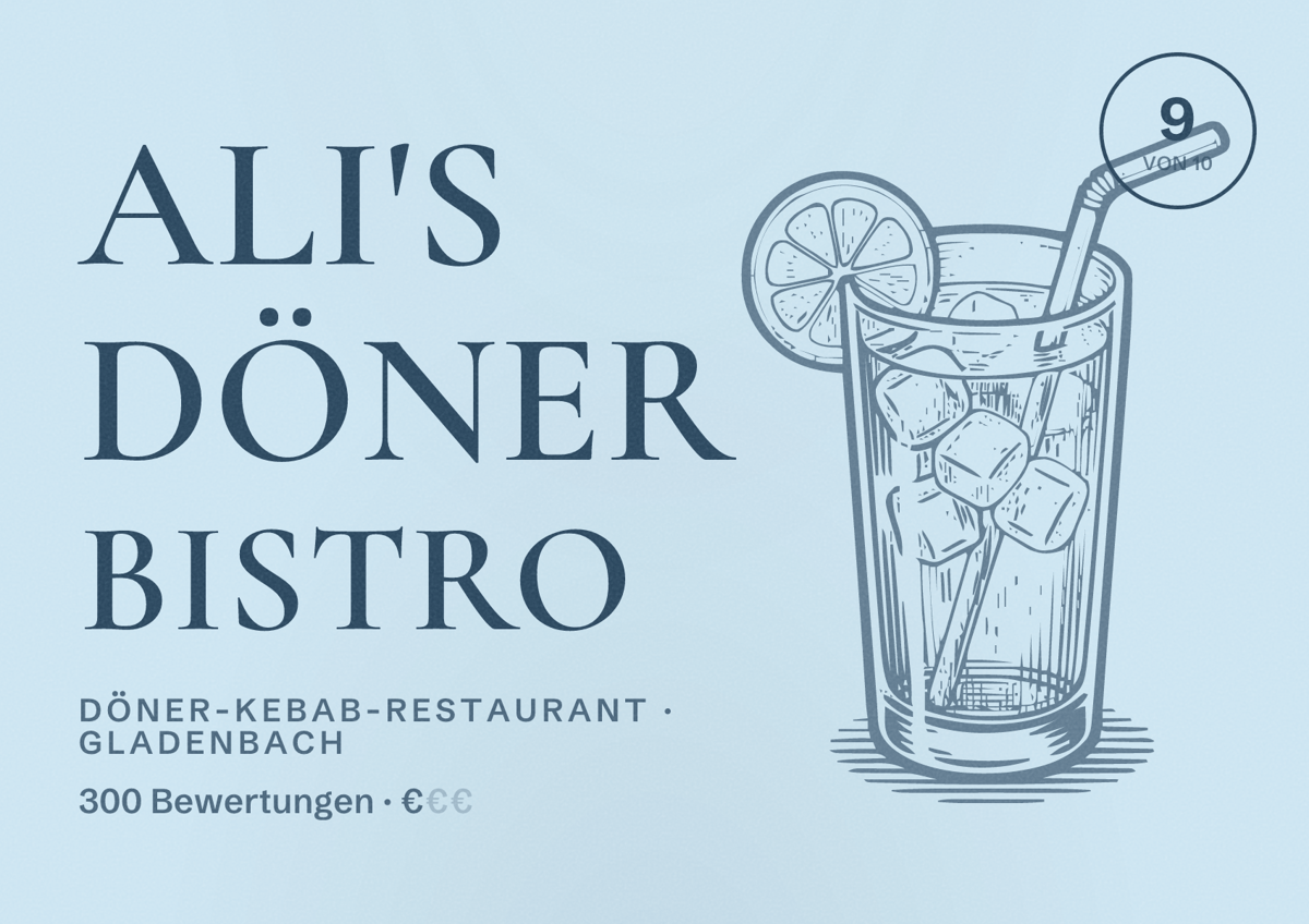 Illustriertes Poster von Ali's Döner Bistro, Döner-Kebab-Restaurant in Gladenbach: Bewertung 9 von 10 aus 300 Bewertungen, Preisniveau €