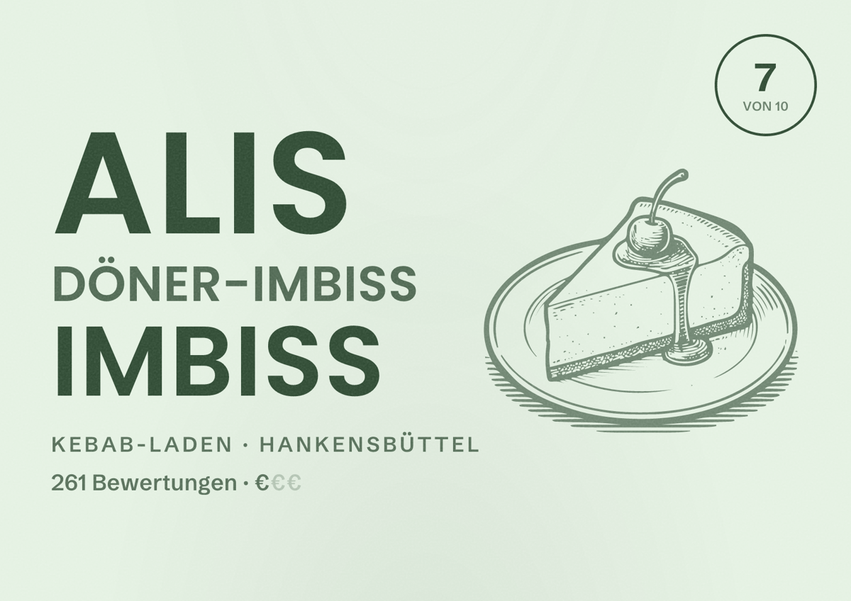 Illustriertes Poster von Alis Döner-Imbiss Imbiss, Kebab-Laden in Hankensbüttel: Bewertung 7 von 10 aus 261 Bewertungen, Preisniveau €