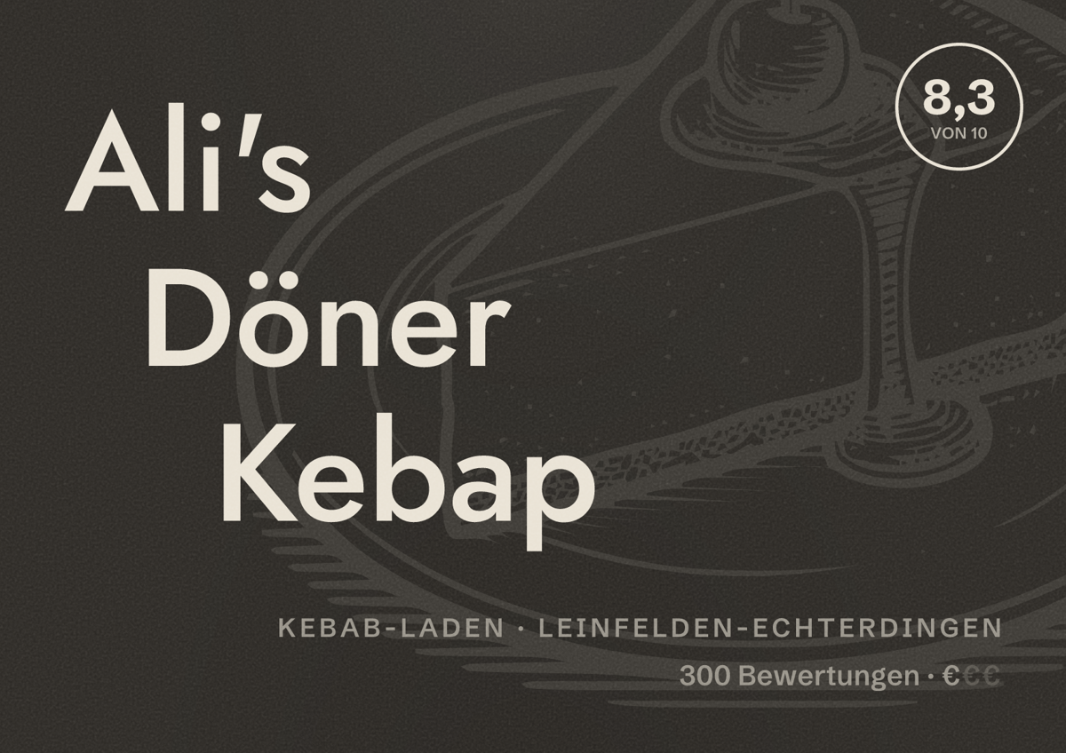 Illustriertes Poster von Ali's Döner Kebap, Kebab-Laden in Leinfelden-Echterdingen: Bewertung 8,3 von 10 aus 300 Bewertungen, Preisniveau €