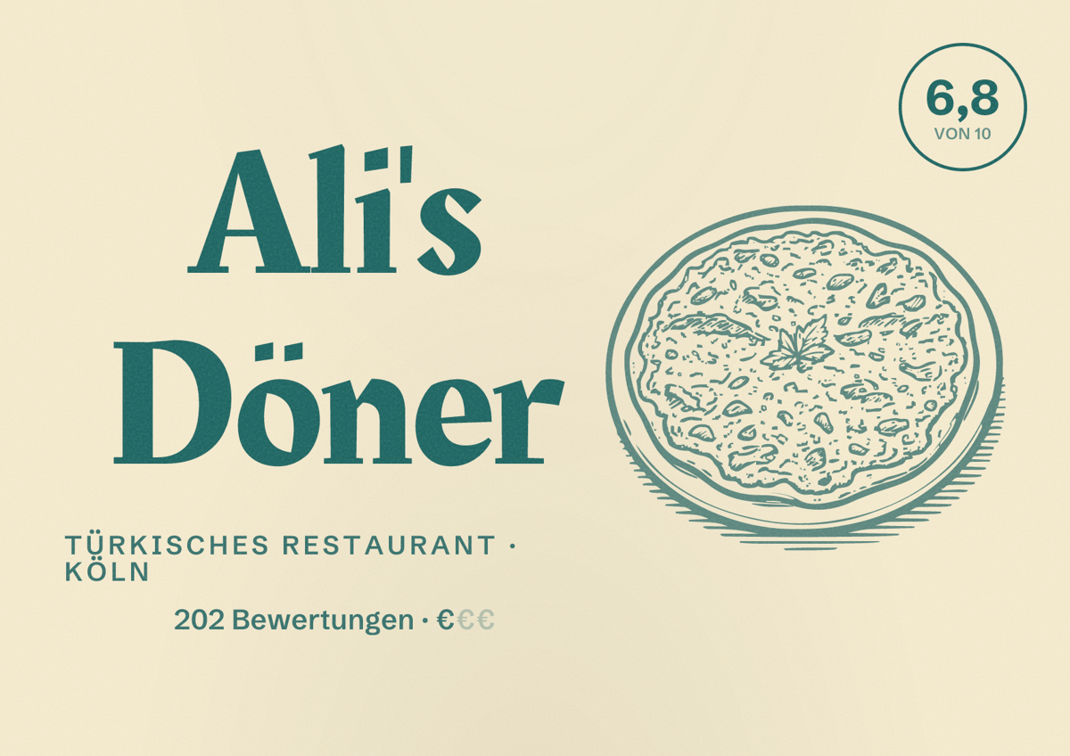 Illustriertes Poster von Ali's Döner, Türkisches Restaurant in Köln: Bewertung 6,8 von 10 aus 202 Bewertungen, Preisniveau €