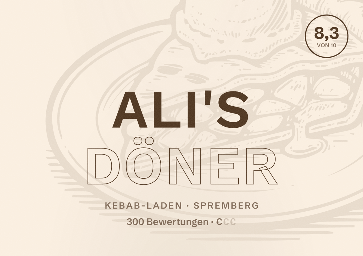 Illustriertes Poster von Ali's Döner, Kebab-Laden in Spremberg: Bewertung 8,3 von 10 aus 300 Bewertungen, Preisniveau €