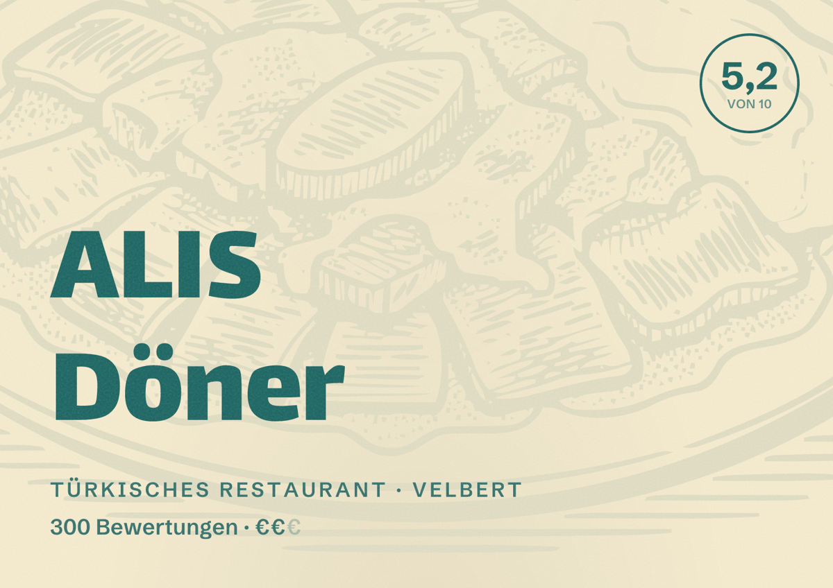 Illustriertes Poster von ALIS Döner, Türkisches Restaurant in Velbert: Bewertung 5,2 von 10 aus 300 Bewertungen, Preisniveau €€
