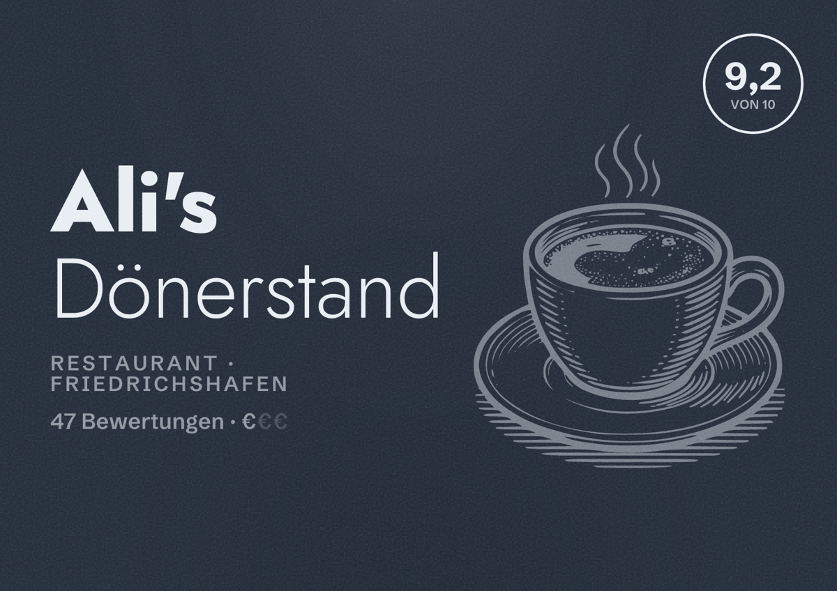 Illustriertes Poster von Ali's Dönerstand, Restaurant in Friedrichshafen: Bewertung 9,2 von 10 aus 47 Bewertungen, Preisniveau €
