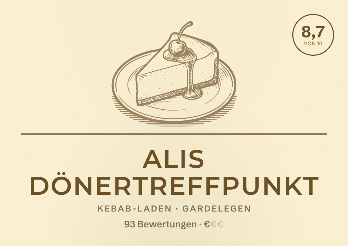 Illustriertes Poster von Alis Dönertreffpunkt, Kebab-Laden in Gardelegen: Bewertung 8,7 von 10 aus 93 Bewertungen, Preisniveau €