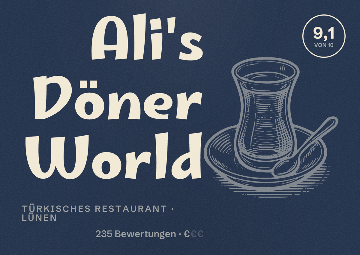 Illustriertes Poster von Ali's Döner World, Türkisches Restaurant in Lünen: Bewertung 9,1 von 10 aus 235 Bewertungen, Preisniveau €