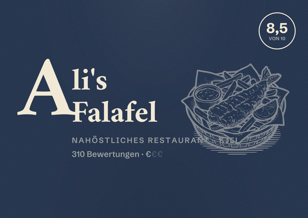 Illustriertes Poster von Ali's Falafel, Nahöstliches Restaurant in Kiel: Bewertung 8,5 von 10 aus 310 Bewertungen, Preisniveau €