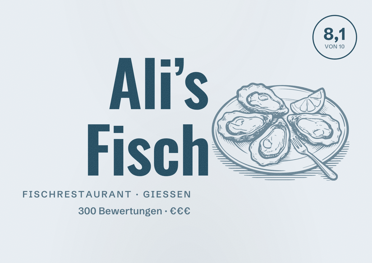 Illustriertes Poster von Ali’s Fisch, Fischrestaurant in Gießen: Bewertung 8,1 von 10 aus 300 Bewertungen, Preisniveau €€€