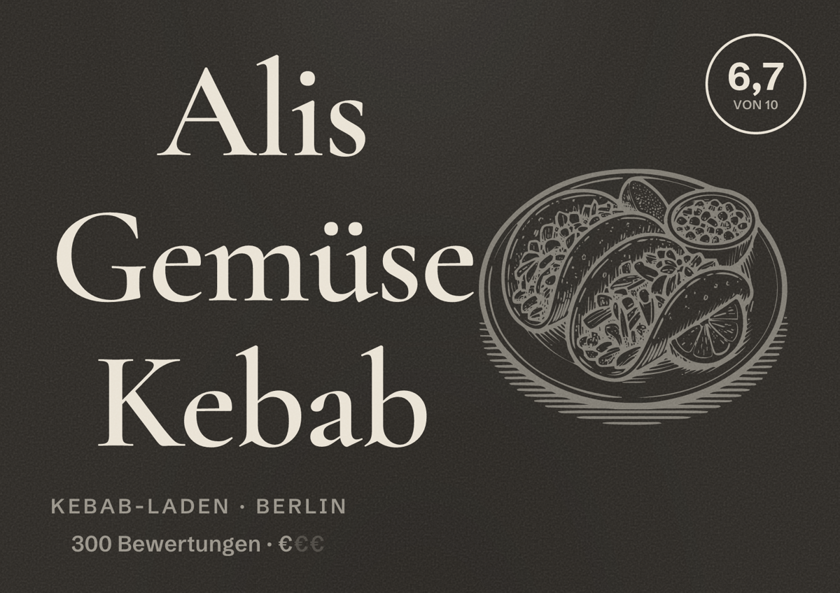 Illustriertes Poster von Alis Gemüse Kebab, Kebab-Laden in Berlin: Bewertung 6,7 von 10 aus 300 Bewertungen, Preisniveau €