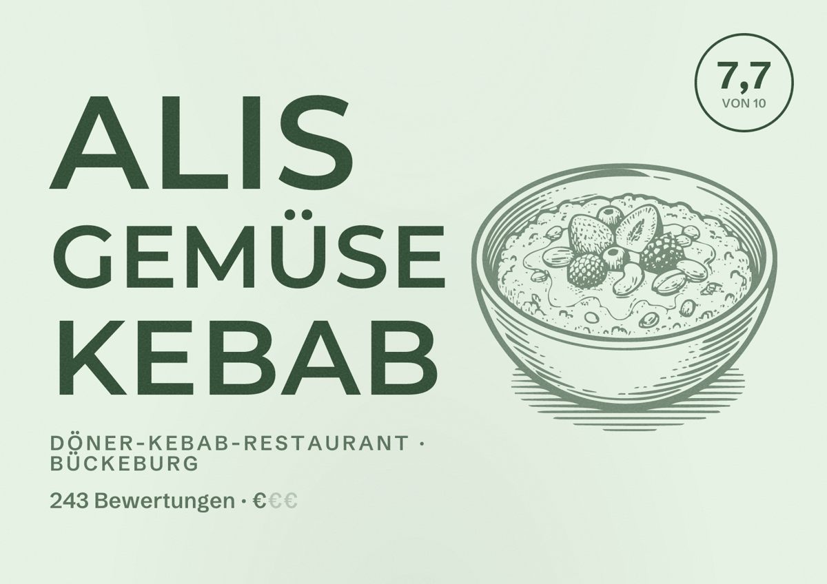 Illustriertes Poster von Alis Gemüse Kebab, Döner-Kebab-Restaurant in Bückeburg: Bewertung 7,7 von 10 aus 243 Bewertungen, Preisniveau €