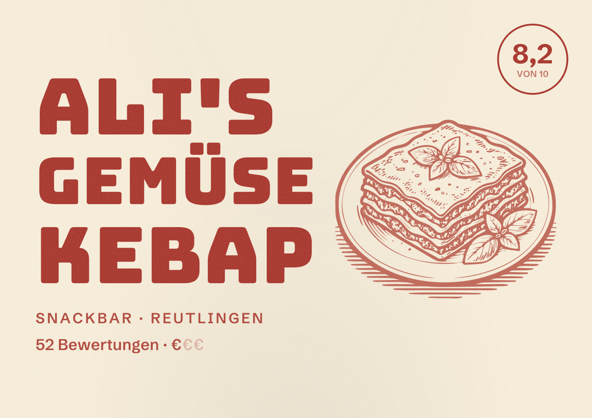 Illustriertes Poster von Ali's Gemüse Kebap, Snackbar in Reutlingen: Bewertung 8,2 von 10 aus 52 Bewertungen, Preisniveau €