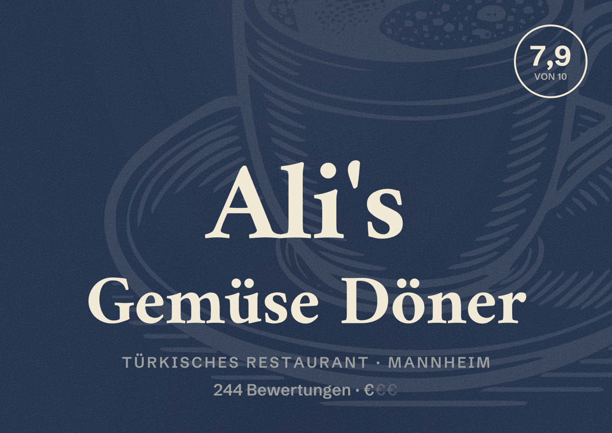 Illustriertes Poster von Ali's Gemüse Döner, Türkisches Restaurant in Mannheim: Bewertung 7,9 von 10 aus 244 Bewertungen, Preisniveau €
