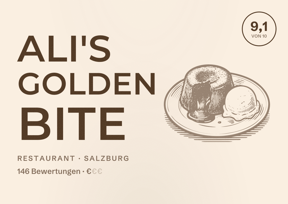 Illustriertes Poster von Ali's Golden Bite, Restaurant in Salzburg: Bewertung 9,1 von 10 aus 146 Bewertungen, Preisniveau €