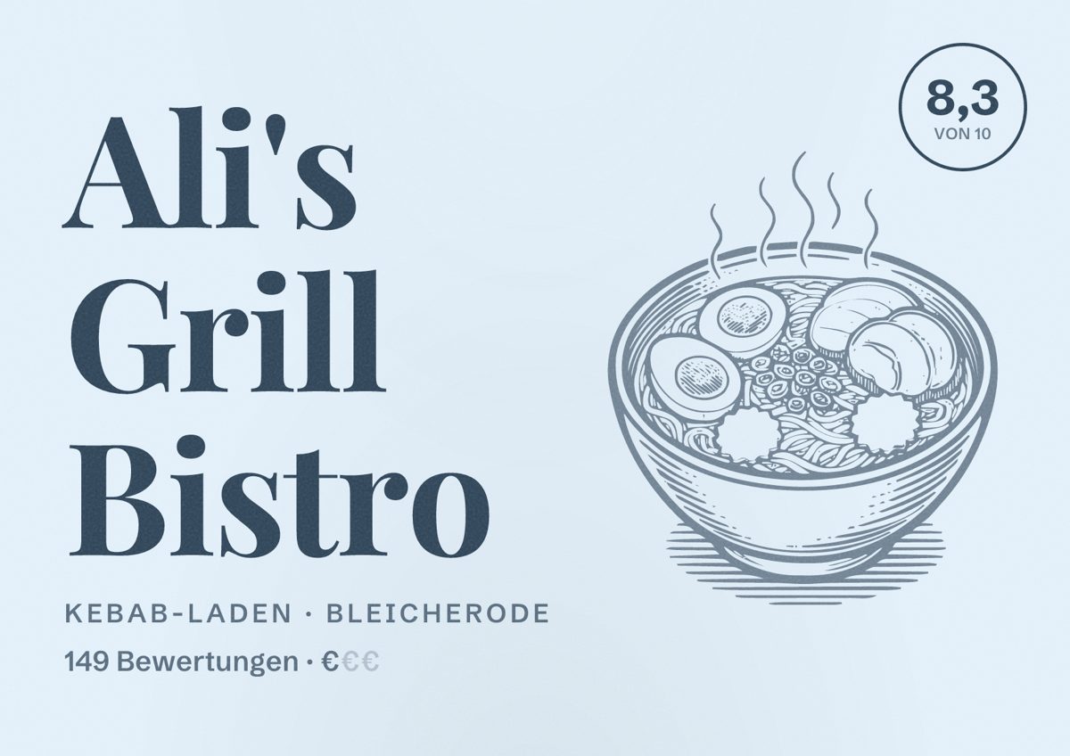 Illustriertes Poster von Ali's Grill Bistro, Kebab-Laden in Bleicherode: Bewertung 8,3 von 10 aus 149 Bewertungen, Preisniveau €