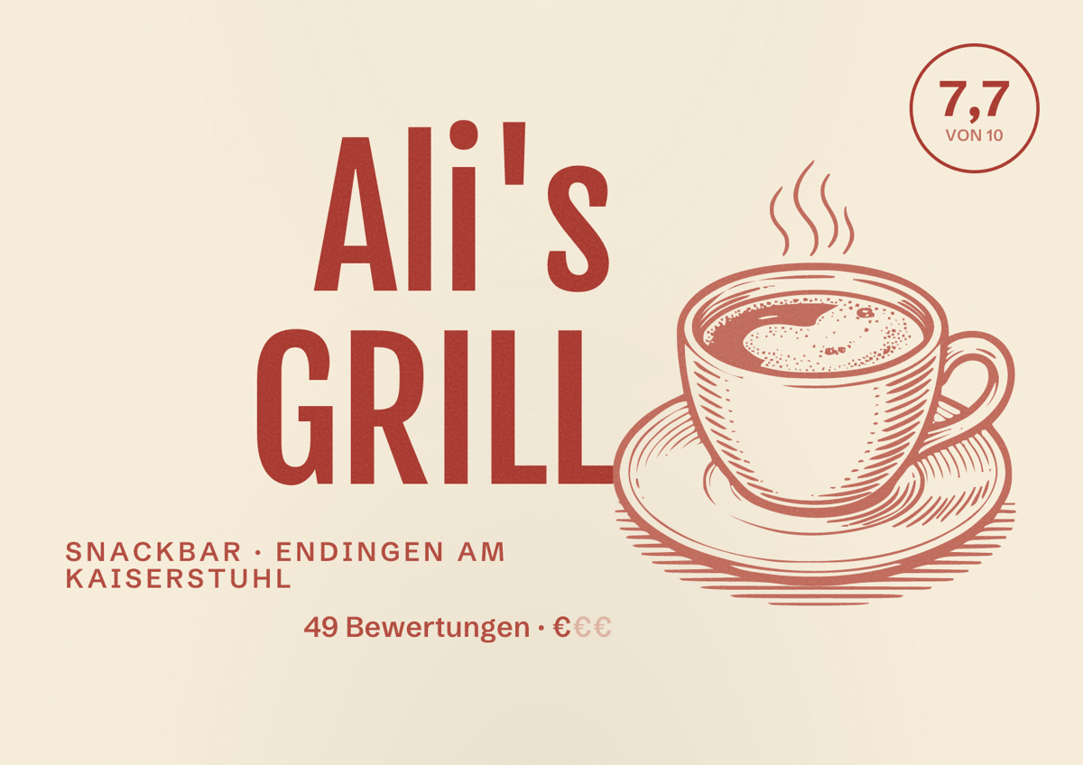 Illustriertes Poster von Ali's GRILL, Snackbar in Endingen am Kaiserstuhl: Bewertung 7,7 von 10 aus 49 Bewertungen, Preisniveau €