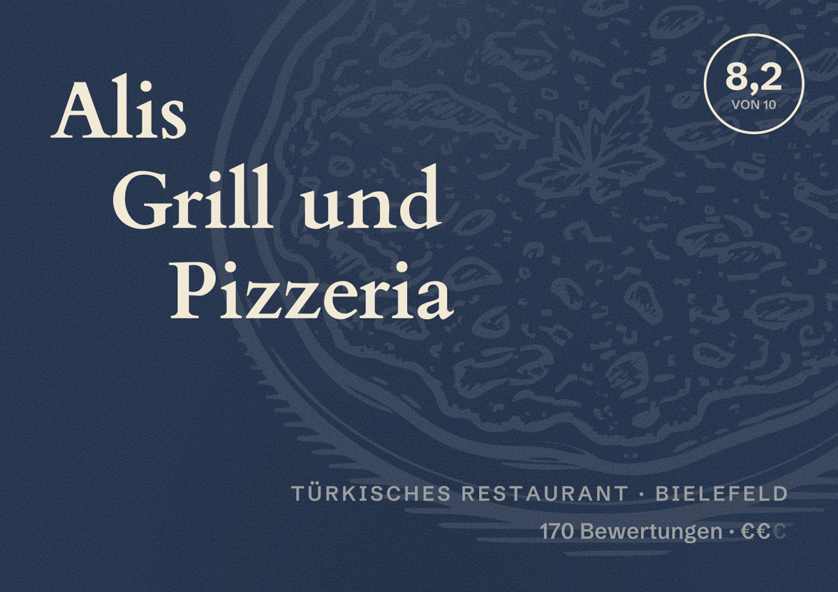 Illustriertes Poster von Alis Grill und Pizzeria, Türkisches Restaurant in Bielefeld: Bewertung 8,2 von 10 aus 170 Bewertungen, Preisniveau €€