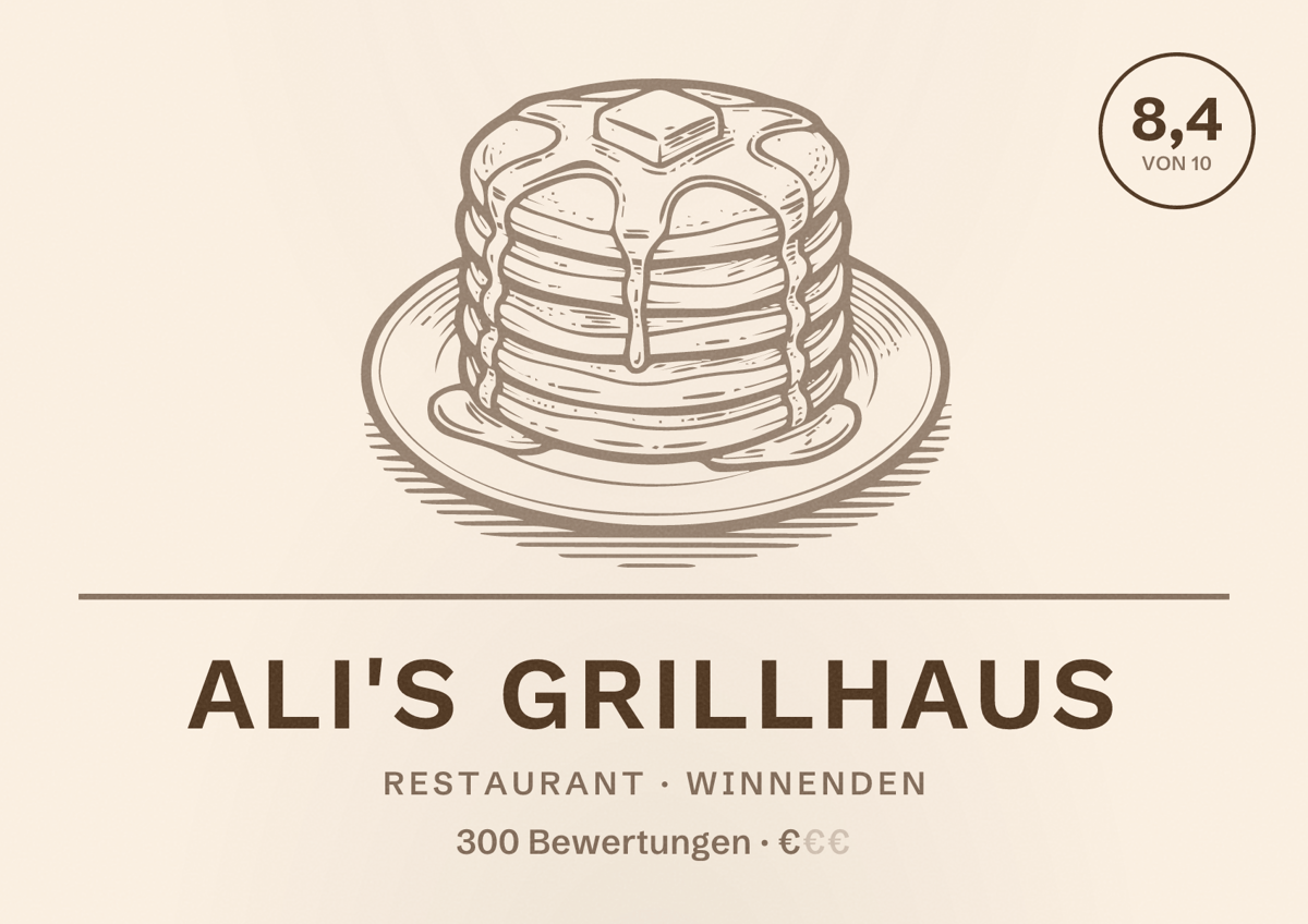 Illustriertes Poster von Ali's Grillhaus, Restaurant in Winnenden: Bewertung 8,4 von 10 aus 300 Bewertungen, Preisniveau €