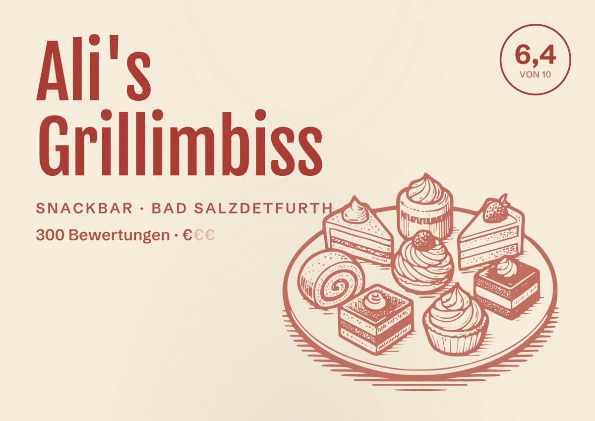 Illustriertes Poster von Ali's Grillimbiss, Snackbar in Bad Salzdetfurth: Bewertung 6,4 von 10 aus 300 Bewertungen, Preisniveau €