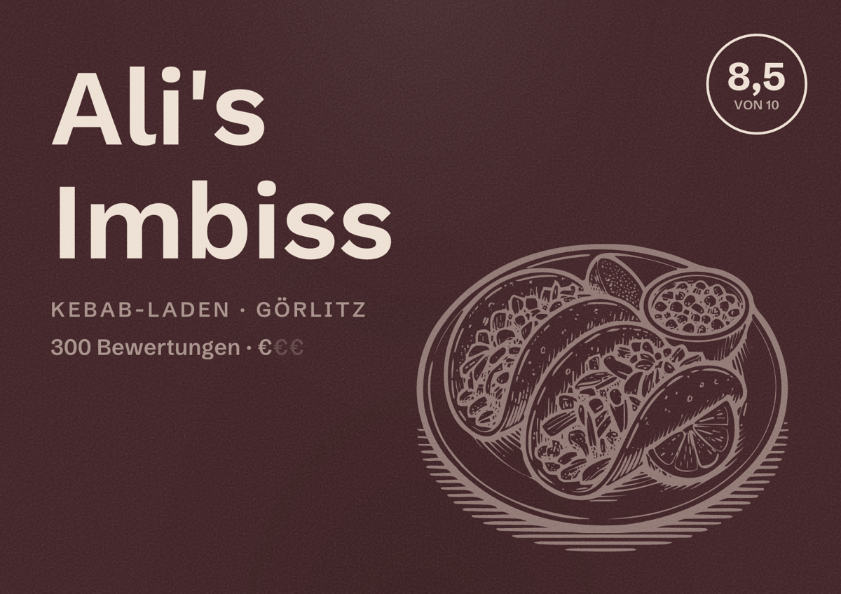 Illustriertes Poster von Ali's Imbiss, Kebab-Laden in Görlitz: Bewertung 8,5 von 10 aus 300 Bewertungen, Preisniveau €