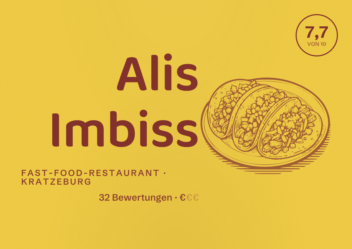 Illustriertes Poster von Alis Imbiss, Fast-Food-Restaurant in Kratzeburg: Bewertung 7,7 von 10 aus 32 Bewertungen, Preisniveau €