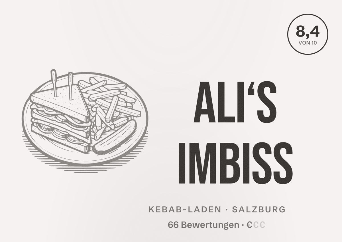 Illustriertes Poster von Ali‘s Imbiss, Kebab-Laden in Salzburg: Bewertung 8,4 von 10 aus 66 Bewertungen, Preisniveau €
