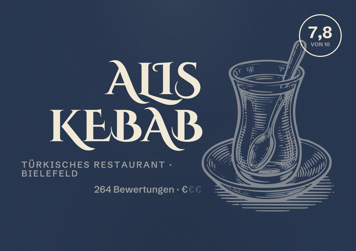 Illustriertes Poster von Alis Kebab, Türkisches Restaurant in Bielefeld: Bewertung 7,8 von 10 aus 264 Bewertungen, Preisniveau €