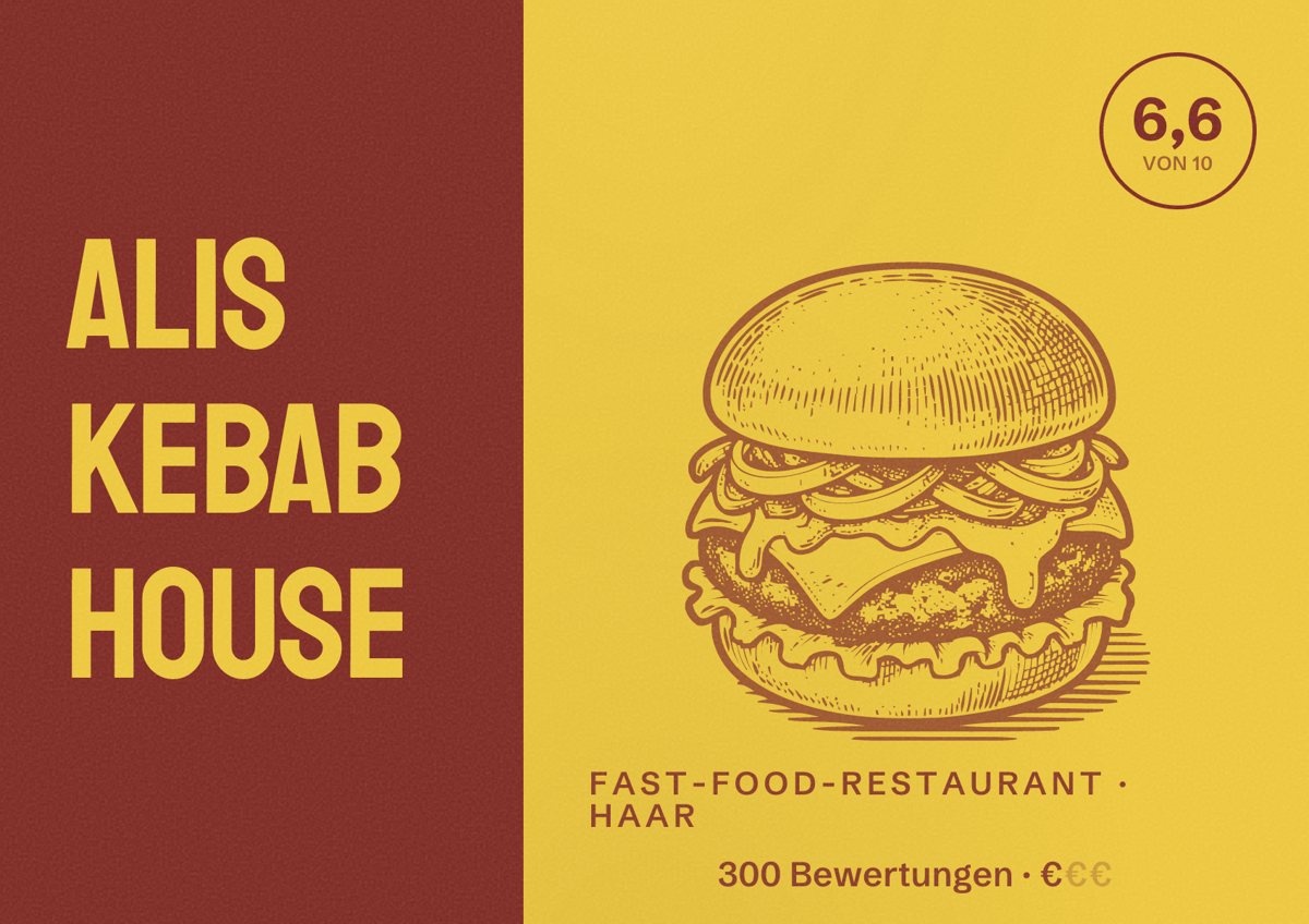 Illustriertes Poster von Alis Kebab House, Fast-Food-Restaurant in Haar: Bewertung 6,6 von 10 aus 300 Bewertungen, Preisniveau €