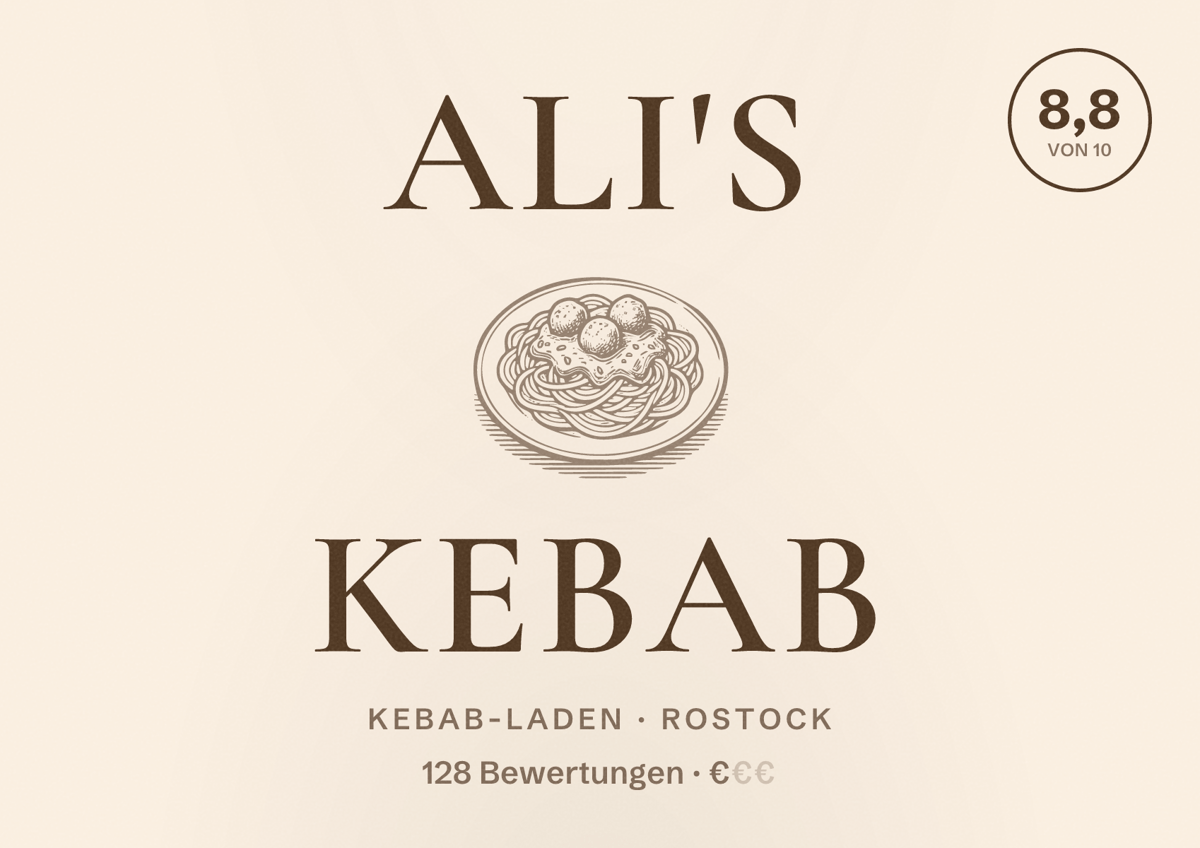 Illustriertes Poster von Ali's Kebab, Kebab-Laden in Rostock: Bewertung 8,8 von 10 aus 128 Bewertungen, Preisniveau €