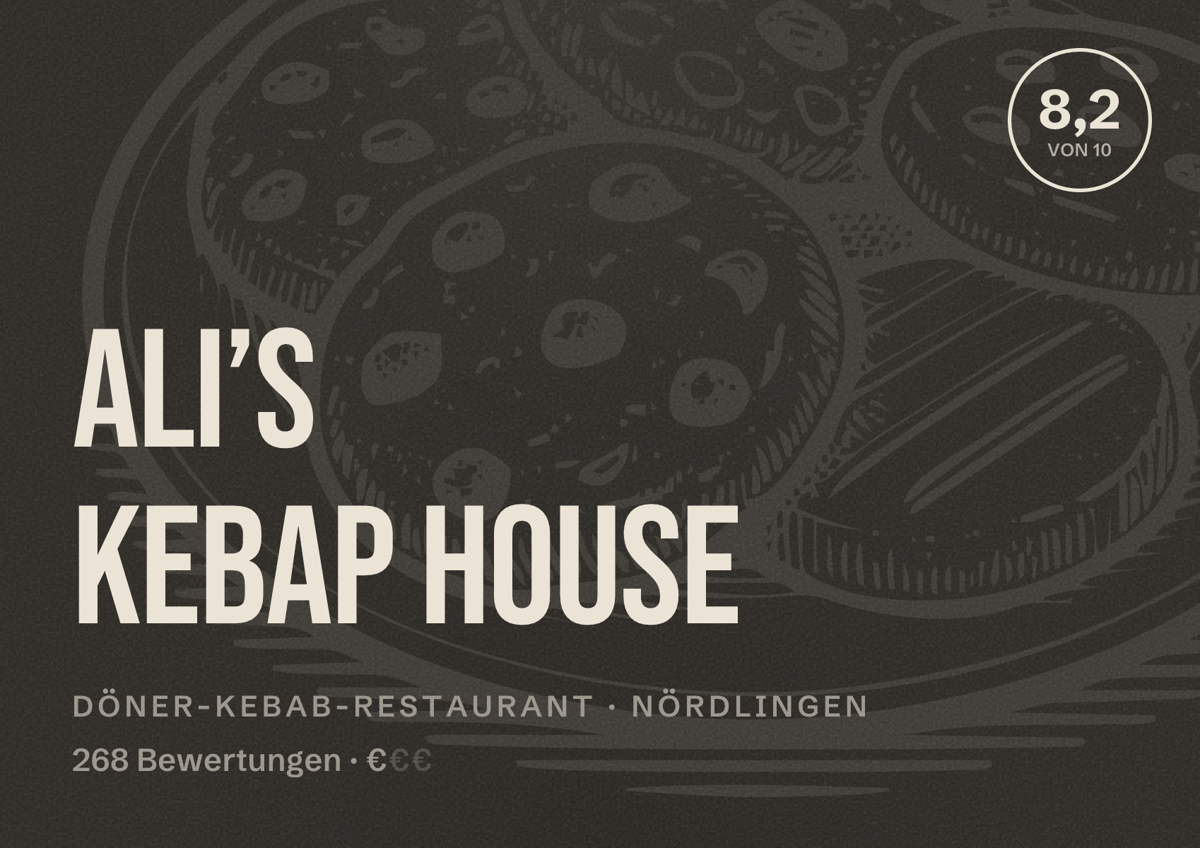 Illustriertes Poster von Ali’s Kebap House, Döner-Kebab-Restaurant in Nördlingen: Bewertung 8,2 von 10 aus 268 Bewertungen, Preisniveau €