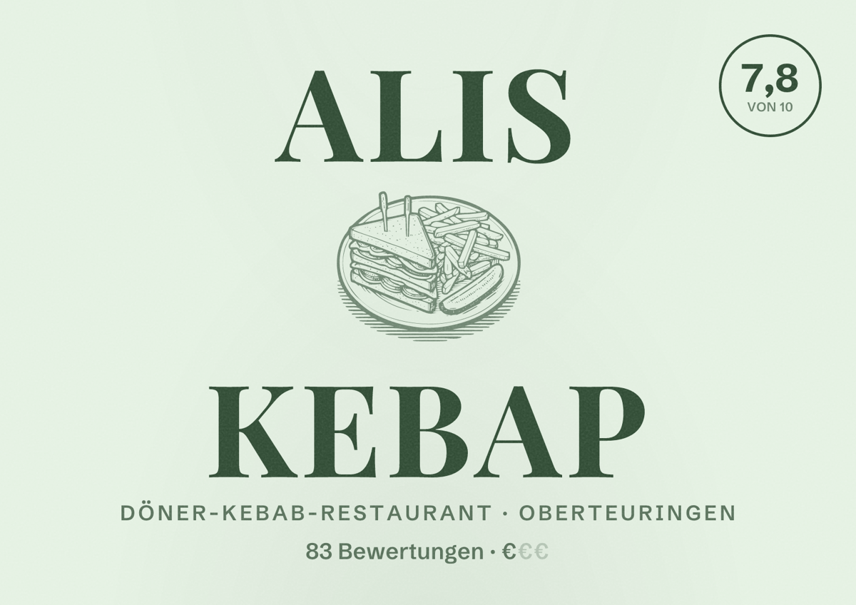 Illustriertes Poster von Alis Kebap, Döner-Kebab-Restaurant in Oberteuringen: Bewertung 7,8 von 10 aus 83 Bewertungen, Preisniveau €