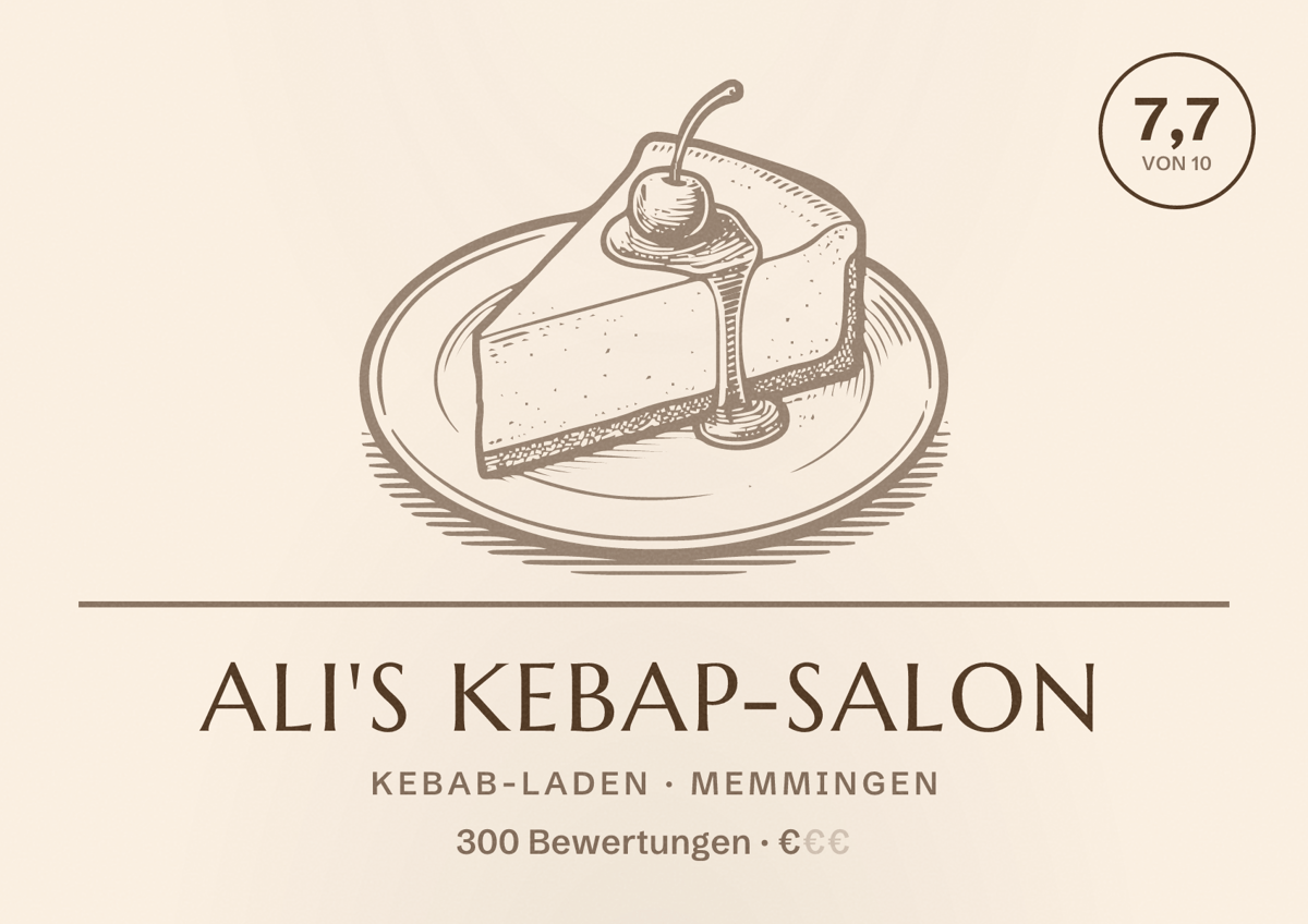 Illustriertes Poster von Ali's Kebap-Salon, Kebab-Laden in Memmingen: Bewertung 7,7 von 10 aus 300 Bewertungen, Preisniveau €