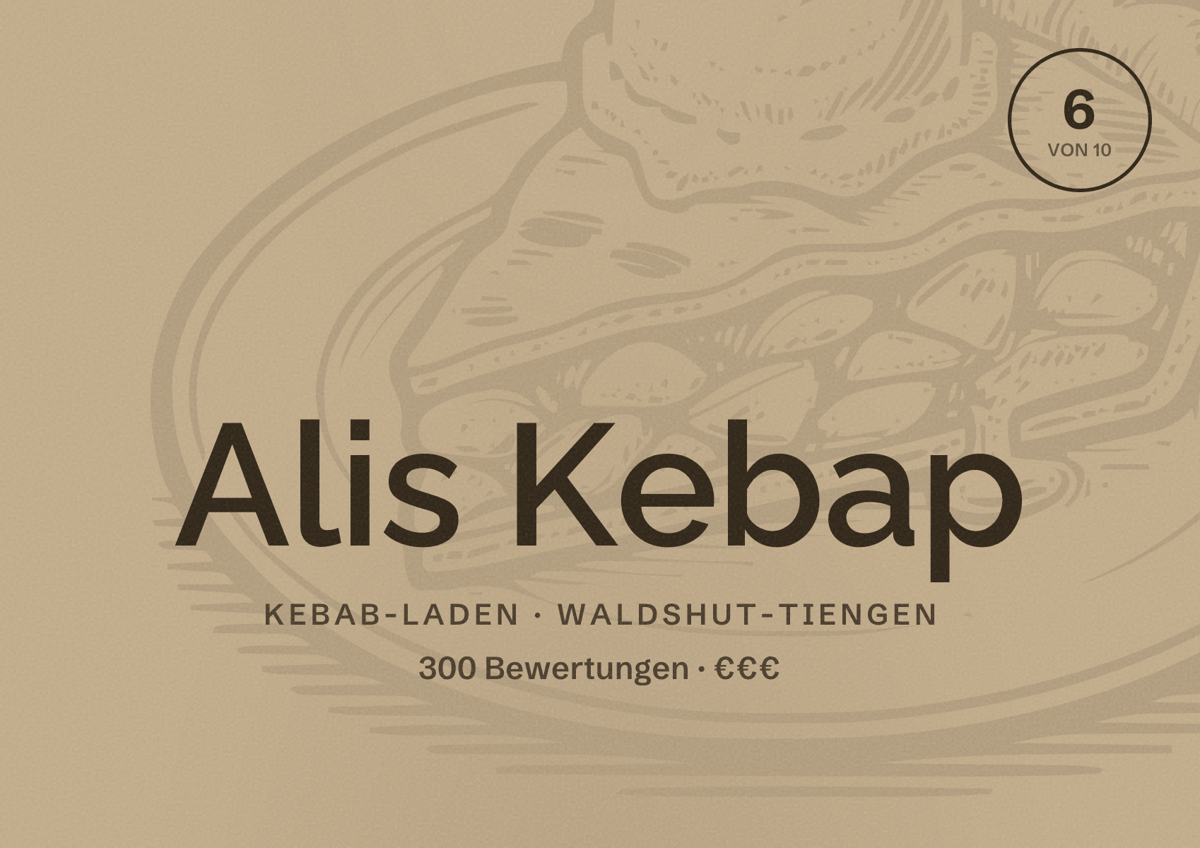 Illustriertes Poster von Alis Kebap, Kebab-Laden in Waldshut-Tiengen: Bewertung 6 von 10 aus 300 Bewertungen, Preisniveau €€€