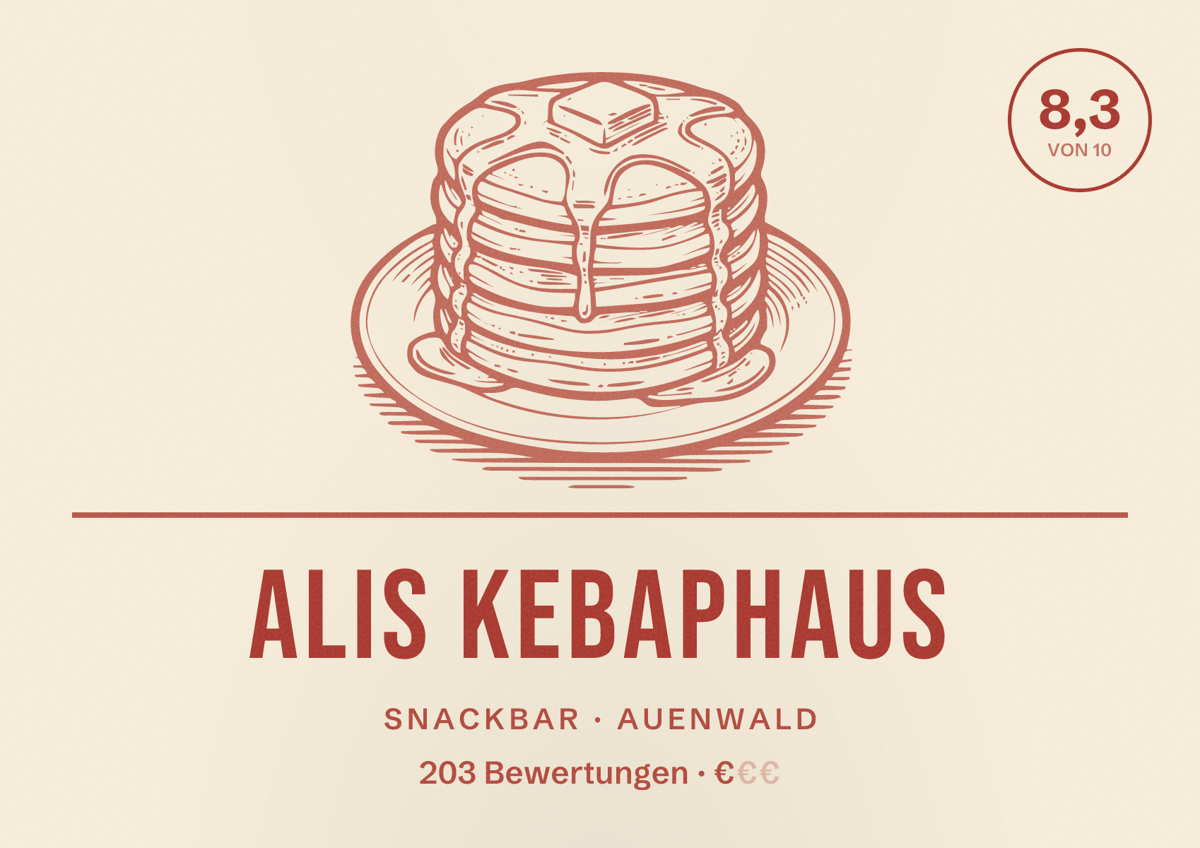 Illustriertes Poster von Alis Kebaphaus, Snackbar in Auenwald: Bewertung 8,3 von 10 aus 203 Bewertungen, Preisniveau €