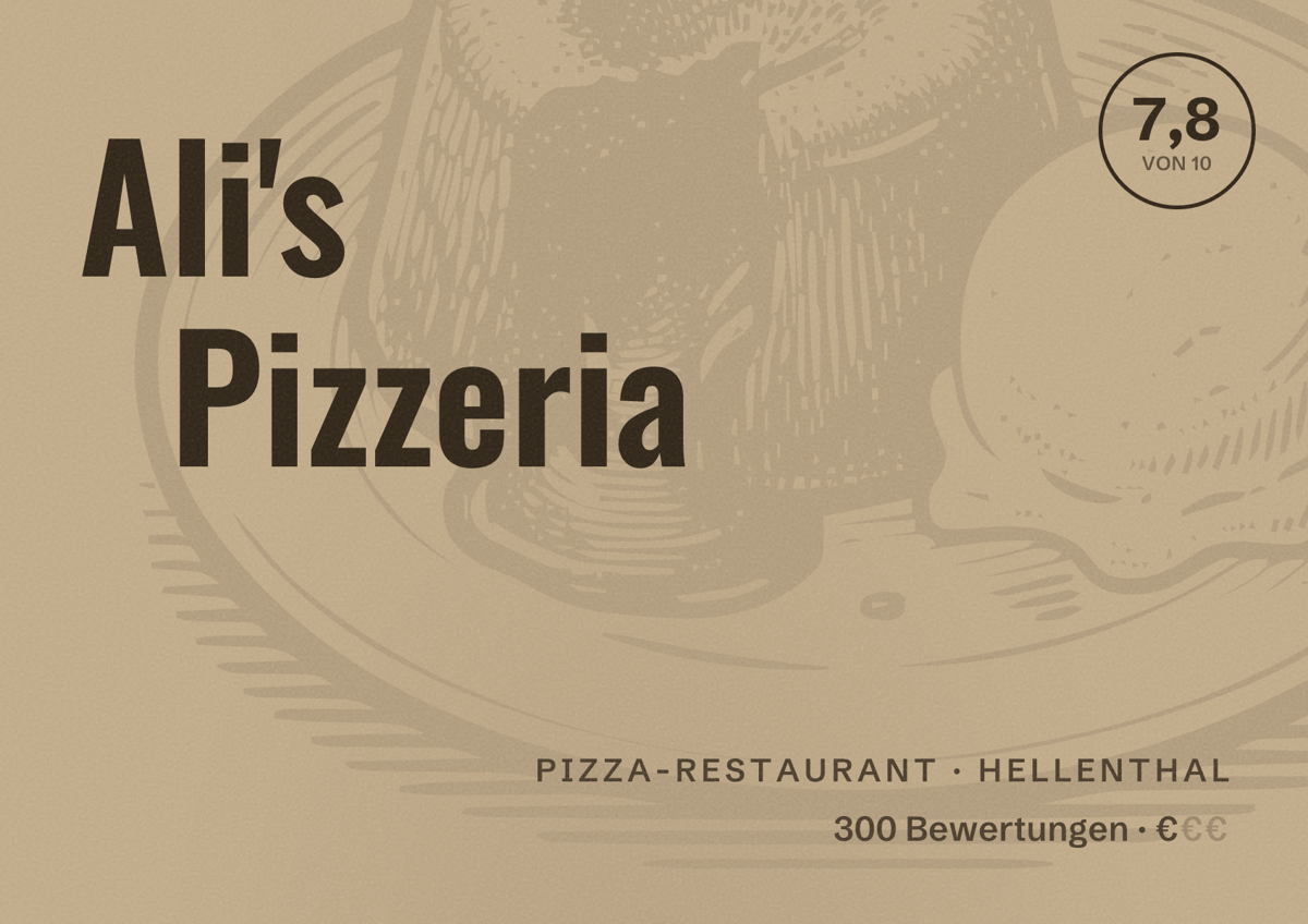 Illustriertes Poster von Ali's Pizzeria, Pizza-Restaurant in Hellenthal: Bewertung 7,8 von 10 aus 300 Bewertungen, Preisniveau €