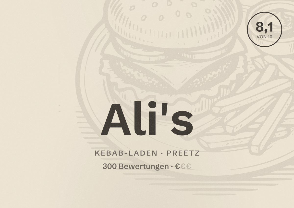 Illustriertes Poster von Ali's, Kebab-Laden in Preetz: Bewertung 8,1 von 10 aus 300 Bewertungen, Preisniveau €