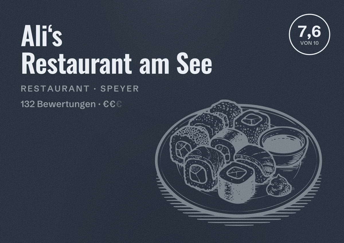 Illustriertes Poster von Ali‘s Restaurant am See, Restaurant in Speyer: Bewertung 7,6 von 10 aus 132 Bewertungen, Preisniveau €€