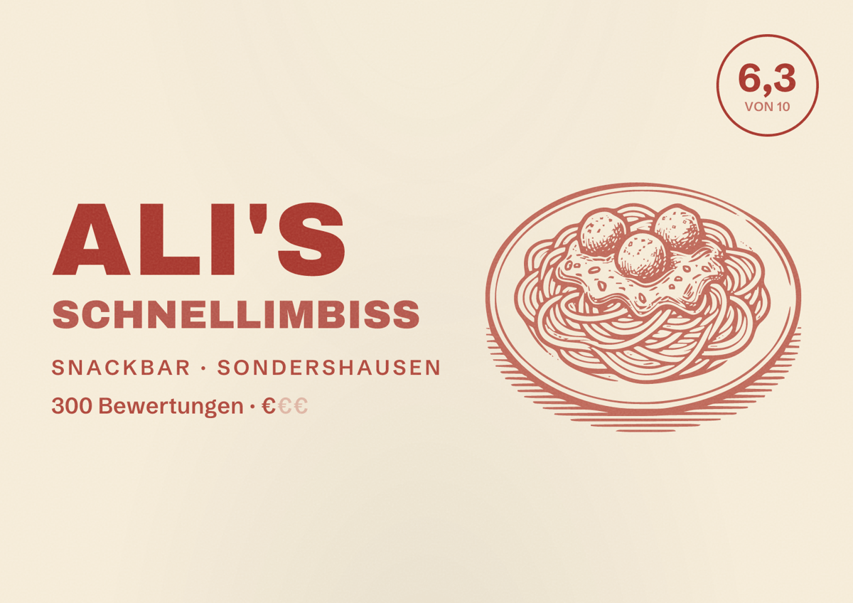 Illustriertes Poster von Ali's Schnellimbiss, Snackbar in Sondershausen: Bewertung 6,3 von 10 aus 300 Bewertungen, Preisniveau €