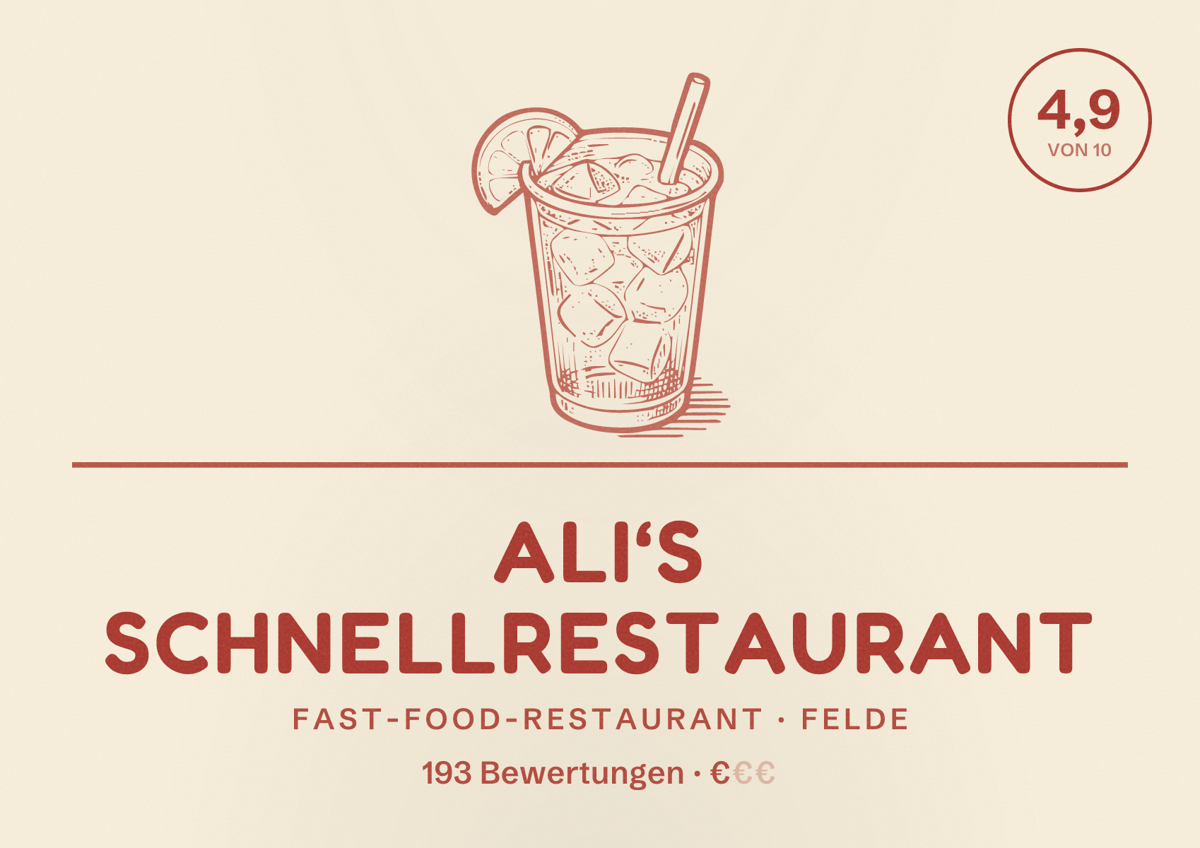 Illustriertes Poster von Ali‘s Schnellrestaurant, Fast-Food-Restaurant in Felde: Bewertung 4,9 von 10 aus 193 Bewertungen, Preisniveau €