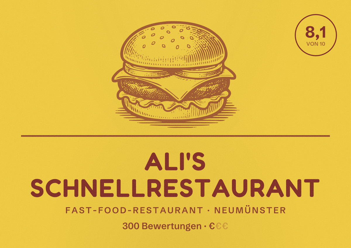 Illustriertes Poster von Ali's Schnellrestaurant, Fast-Food-Restaurant in Neumünster: Bewertung 8,1 von 10 aus 300 Bewertungen, Preisniveau €