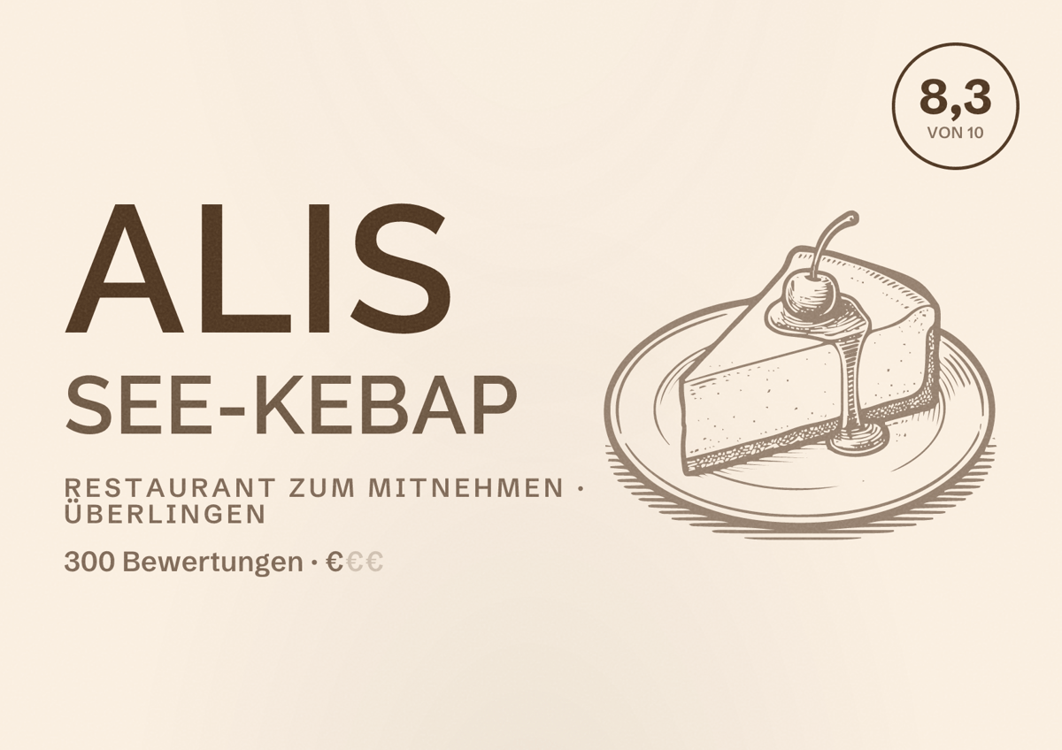 Illustriertes Poster von Alis See-Kebap, Restaurant zum Mitnehmen in Überlingen: Bewertung 8,3 von 10 aus 300 Bewertungen, Preisniveau €