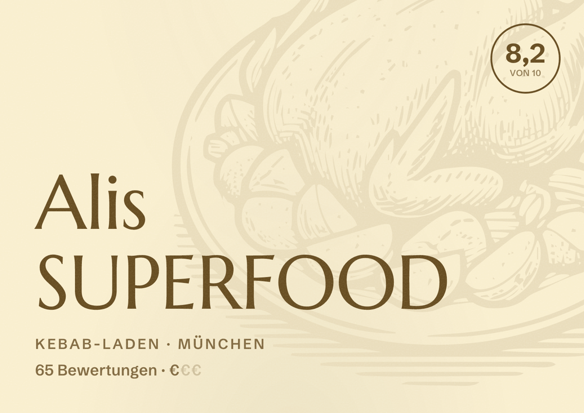 Illustriertes Poster von Alis SUPERFOOD, Kebab-Laden in München: Bewertung 8,2 von 10 aus 65 Bewertungen, Preisniveau €